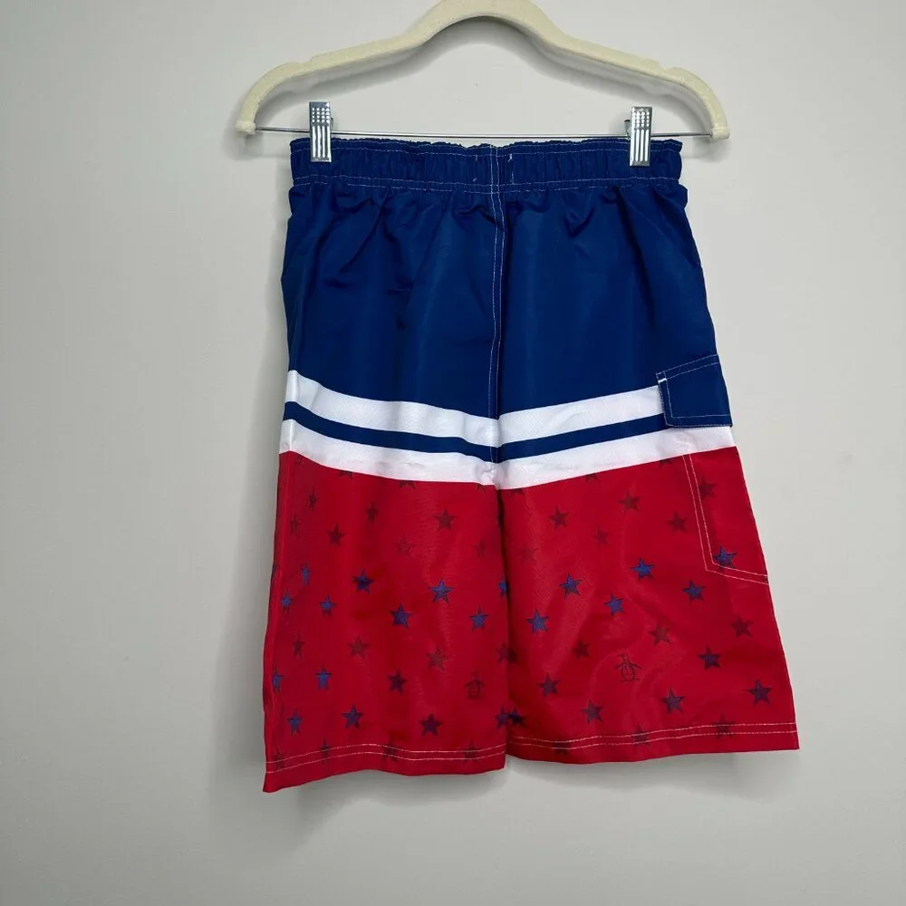 NEW Penguin by Munsingwear Boys Patriotic Red White Blue Swim Shorts Large